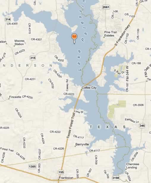 Click for an enlarged aerial view of Lake Palestine near Dogwood City, Texas