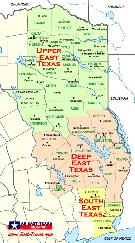 Map of East Texas, including Upper East Texas, Deep East Texas and South East Texas, with Counties and Larger Cities