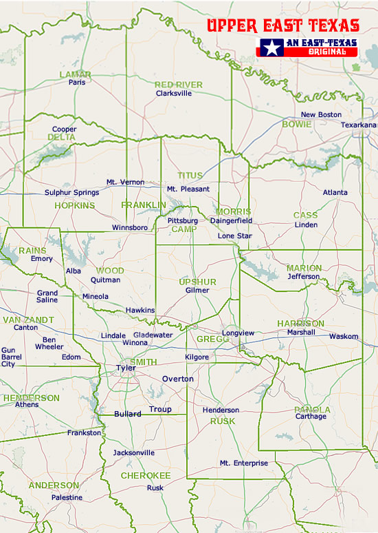 Map of East Texas counties and cities showing the location of Sulphur Springs Map of East Texas counties and cities showing the location of Sulphur Springs
