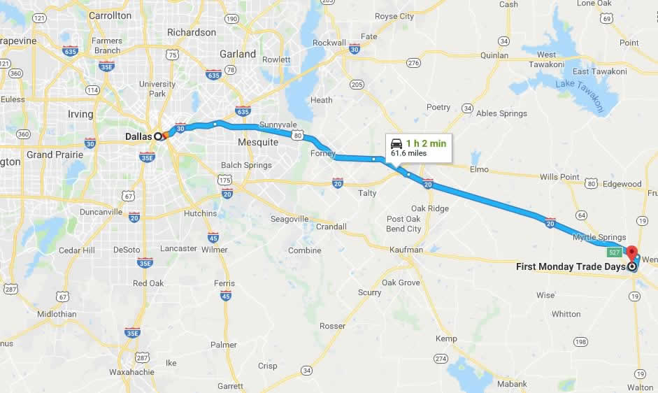 Driving directions from Dallas - Fort Worth to Canton First Monday Trade Days Map showing driving directions from Dallas - Fort Worth to Canton First Monday Trade Days