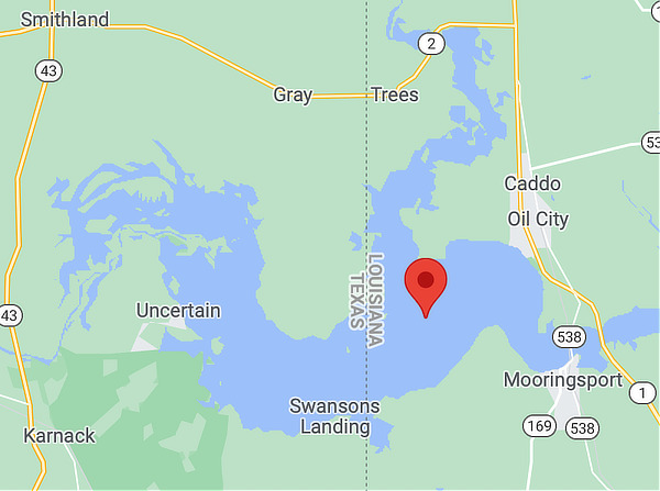 Map showing the location of Caddo Lake in East Texas and north Louisiana