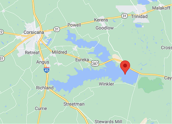 Map showing the location of the Richland-Chambers Reservoir in Texas