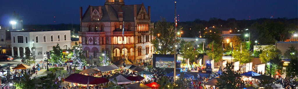Aerial view of downtown Sulphur Springs, Texas at night