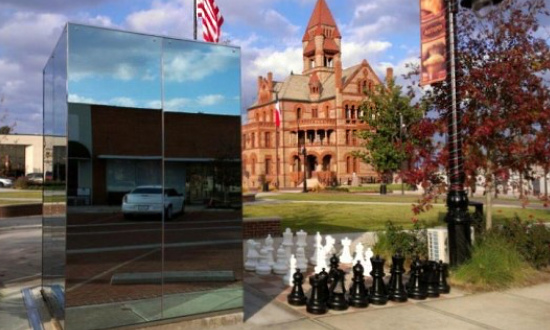 The famous glass restroom in downtown Sulphur Springs, Texas