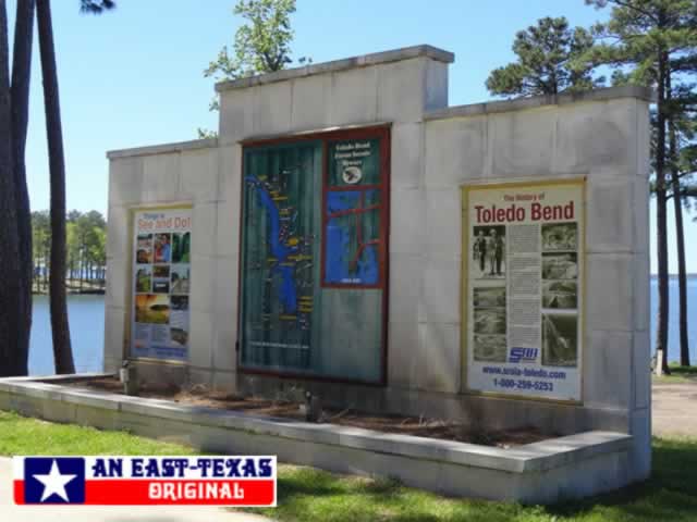 Toledo Bend sign at the Louisiana Welcome Center at Pendleton Bridge with things to do at Toledo Bend, map of Toledo Bend, and the history of the lake and reservoir