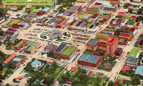 Historic postcard of City Hall, Marshall, Texas Earlier Aerial View of Marshall, Texas